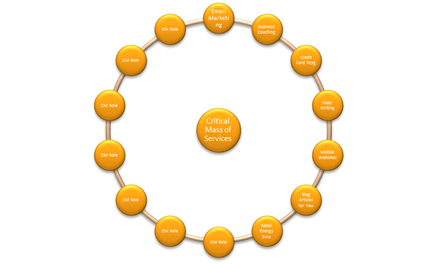 Diagram: a ring of connected roles (Email Marketing, Business Coaching, Credit Card Processing, Copy Writing, Mobile Websites, Blog Articles, Retail Energy Services, and unnamed Service Provider roles) surrounding a central node labeled Critical Mass of Services.